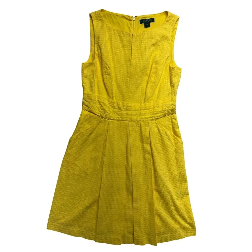 Lauren Ralph Lauren Dress 10P Petite Yellow Textured A-Line Summer Sleeveless